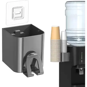 Cup Dispenser 2 Seats, Holder for 2-16 OZ Paper & Plastic Disposable Cups, Adhesive Cup Dispenser Wall Mount for Water Cooler, Coffee Station, Office, Bathroom, Wall (Dark Gray)