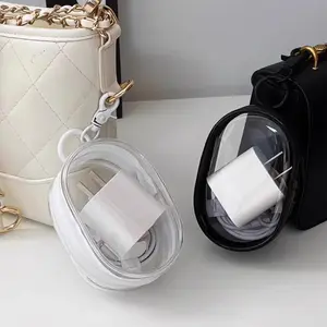 Compact Transparent Zipper Buggy Bag with Key Chain-Durable PVC, Perfect for Headphones, Chargers and Travel Accessories, Available in Black and White