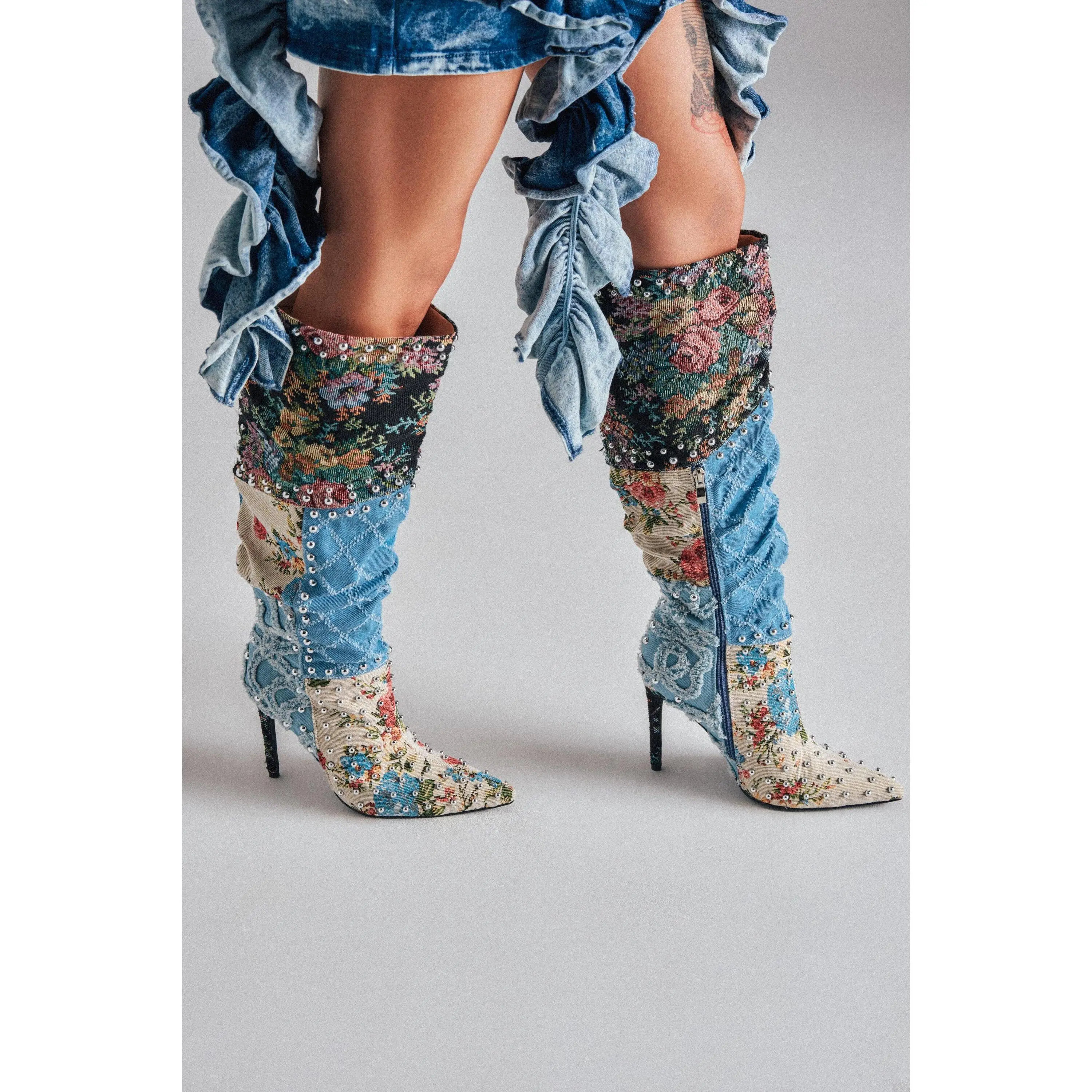 AZALEA WANG AILA DENIM MULTI STUDDED POINTED TOE STILETTO BOOT