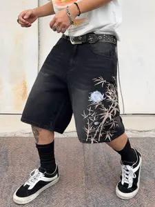 Summer New American Retro Tiger Floral Embroidered Knee-High Loose Jeans Shorts, Straight Leg Wide Leg Five-Piece Pants for Men