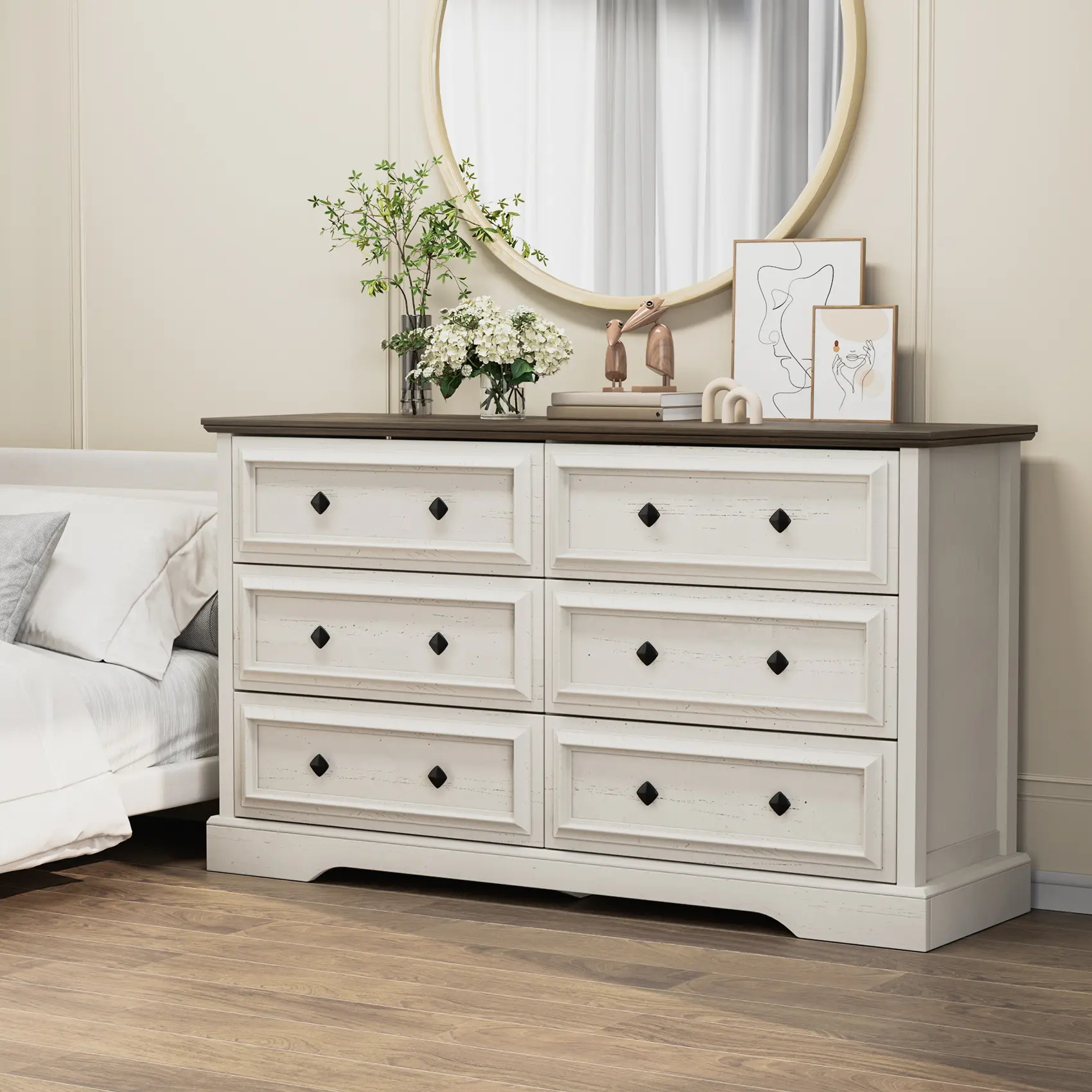 Rustic Retro 6-Drawer Wooden Dresser for Bedroom, 54 in Wide Natural Wood Dresser with Textured Finish & Vintage Metal Handles, Multi-Use Storage Cabinet for Living Room