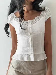 French Elegance Women Lace Square Neck Bubble Sleeve Shirt, Slim-Fitting Ruffle Hem Short Sleeve Top, Casual Plaid Blouse