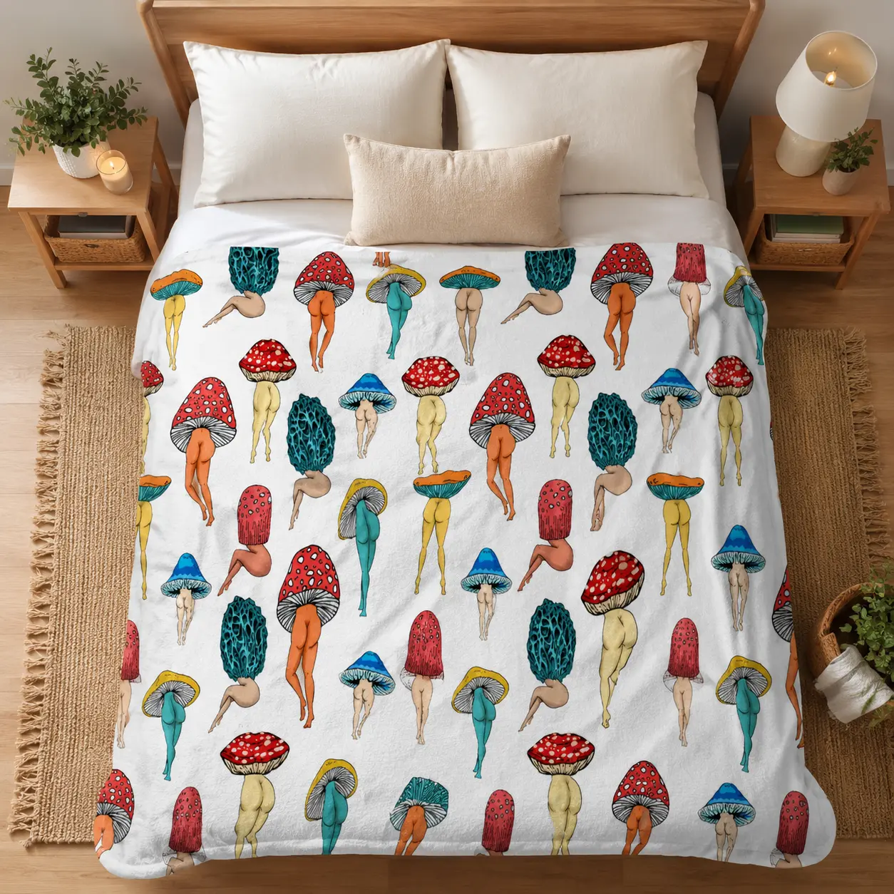 Mushroom Botanical Throw Blanket, Whimsical Forest Nature Graphic Soft Cozy Plush Bed Blanket, Lightweight Warm Blankets for Bedroom Decor, Couch Sofa Living Room, Gifts for Plant Lovers