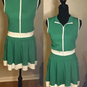 Casual Patchwork Colorful Skirt Set Sleeveless with White Trim and Green Fabric
