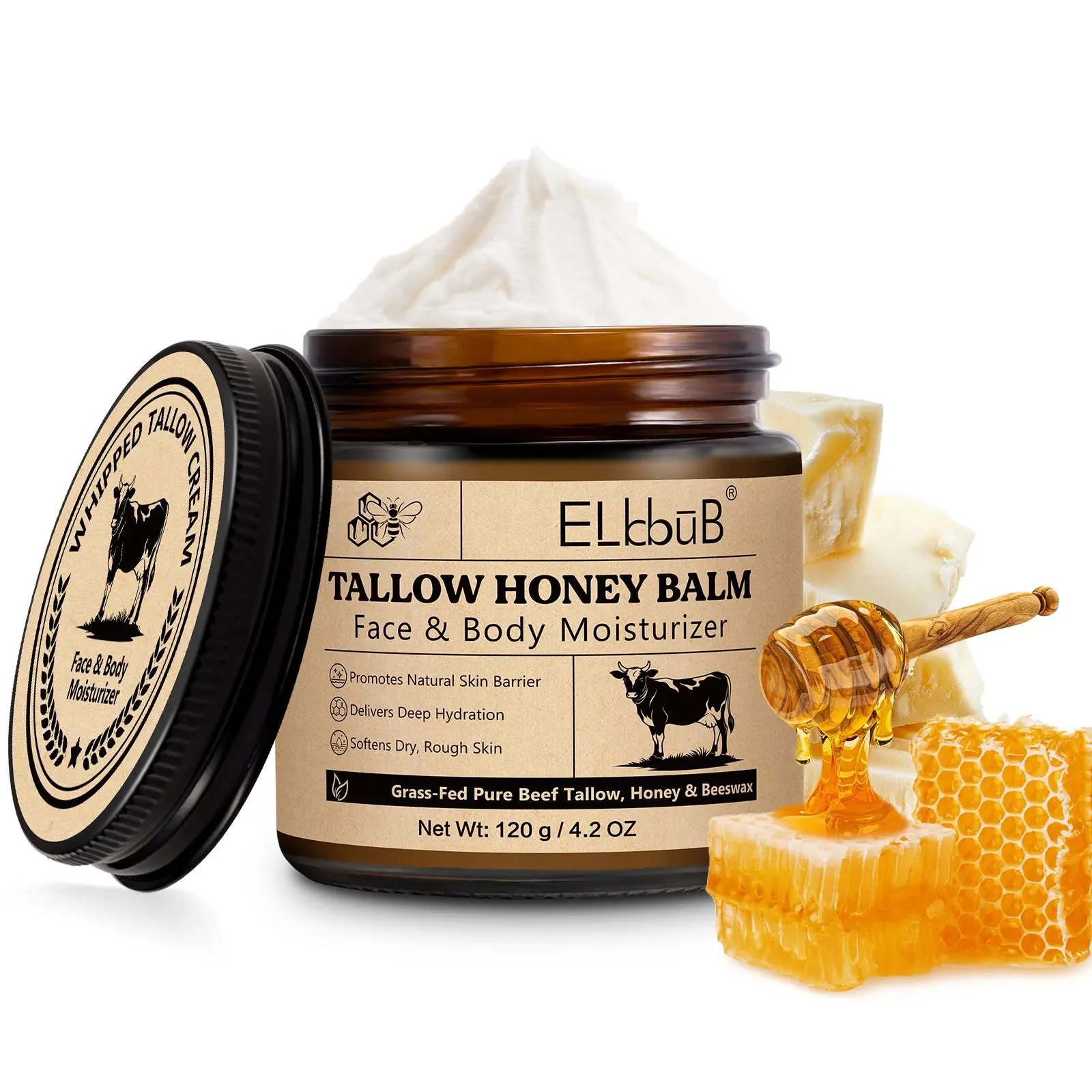 Elbbub Beeswax Honey Cream 120g, Moisturizing Nourishing Face & Body Balm, Deep Hydration, Suitable for Dry Skin, Contains Grass-Fed Beef Tallow, Moisturizers