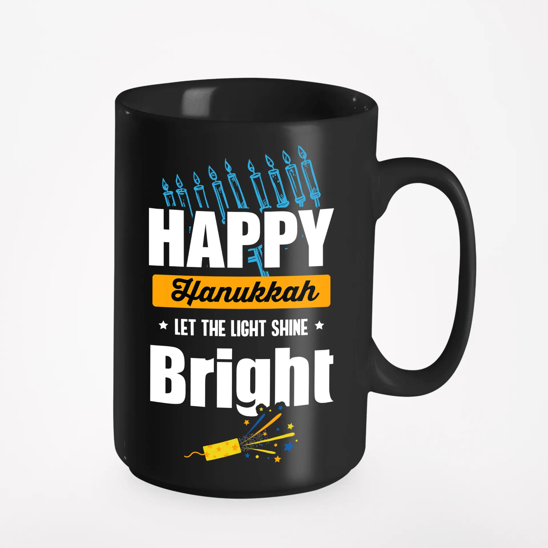 Happy Hanukkah. Let The Light Shine Bright. Jewish Celebration, Black 15oz Ceramic Mug
