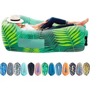 Inflatable Couch \u2013 No-Pump Setup, Ripstop Polyester, Stability Pegs, Fun Prints, Portable Air Lounger for Beach, Camping, Festivals, and Tailgating - Green Leaf