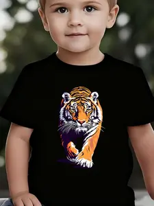 Boys' Summer Breathable & Comfortable "Tiger" Cartoon Print (3-12Y) Casual Sports T-Shirt