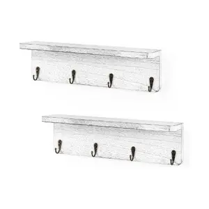Wall Mounted Coat Rack with Hooks Entryway Coat Hook with Storage Shelf Wood Wall Floating Shelves with Hooks Hat Towel Key Hanger Hanging Storage Shelves for Bathroom Bedroom Living Room, 2 Pack