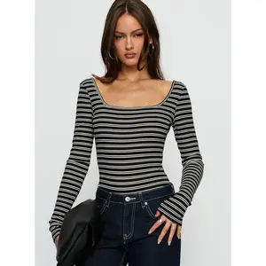 Donica Square Neck Long Sleeve Bodysuit Grey Stripe