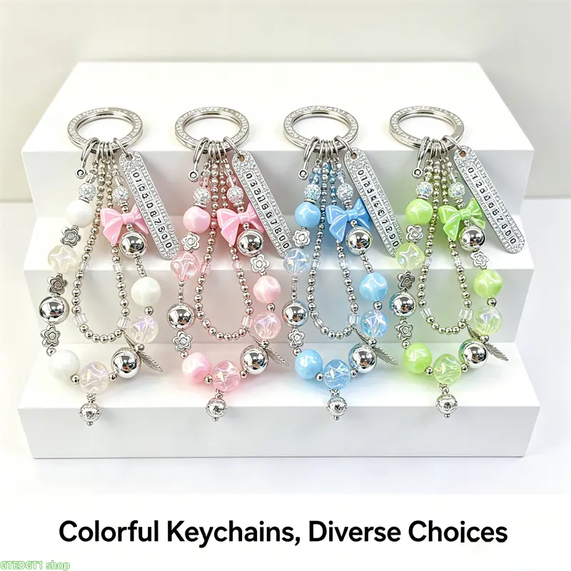 Pastel Acrylic Beaded Keychain - Beaded Chain, Iridescent Bow, Rhinestone Number Tag, Silver Bell - Lightweight Casual Floral Bag Charm for Women - Fits Backpacks, Car Keys, Gift Option