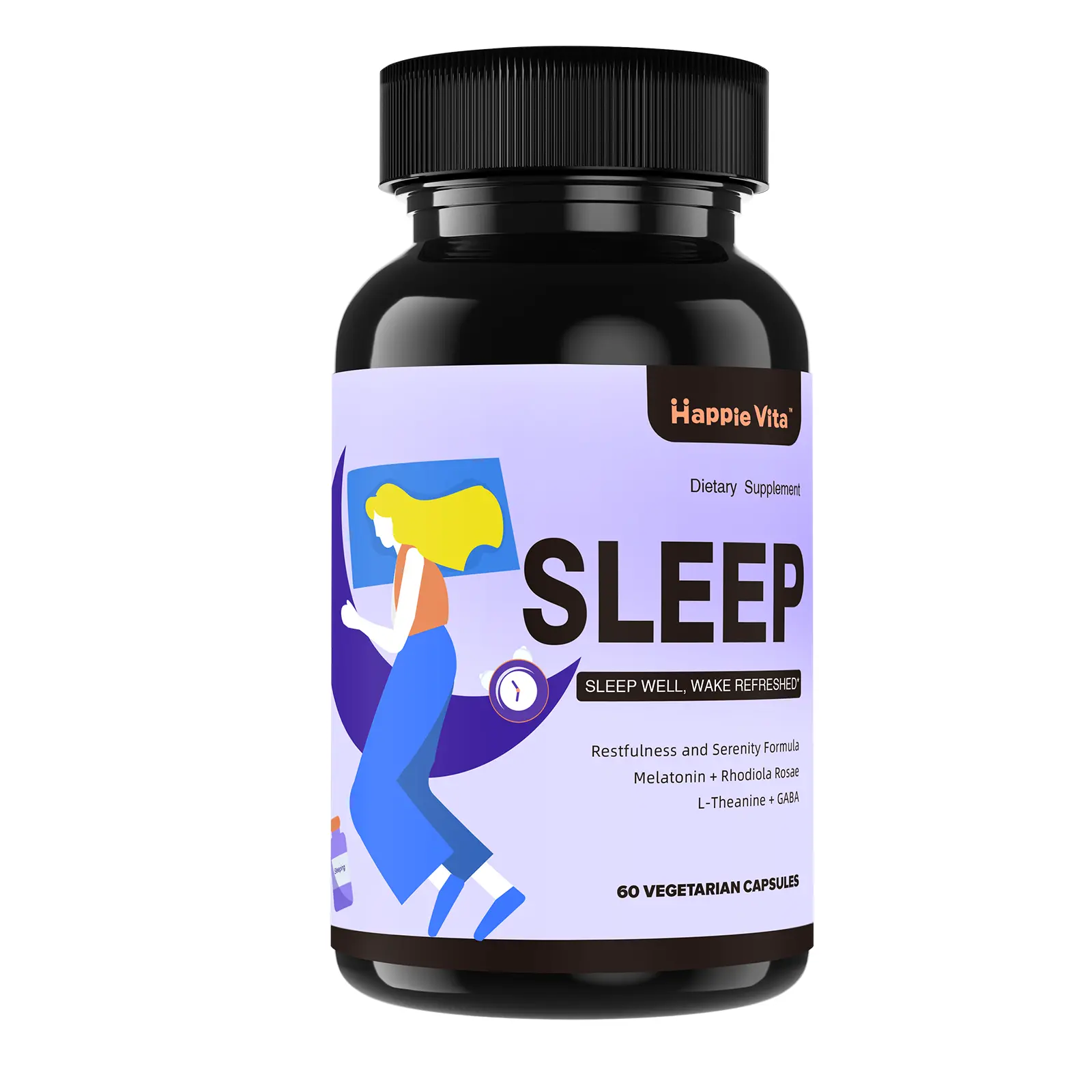 HappieVita 4-in- 1 Sleep Aid, 6mg Melatonin, Rhodiola Rosea, GABA 250mg, L-Theanine – Sleep Support Supplement, 60 Capsules Healthcare Edible Vitamin