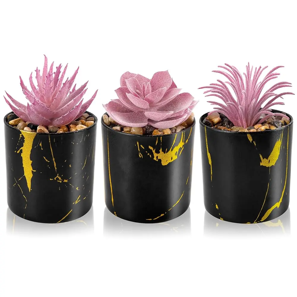 3 Pack Fake Plants Succulents Plants Artificial in Black Pots for Pink Room Decor Aesthetic Home Office Desk Accessories for Women for College Dorm Desk, Apartment Shelf & New Home Moving Decor, summerwins Mid Year Sale
