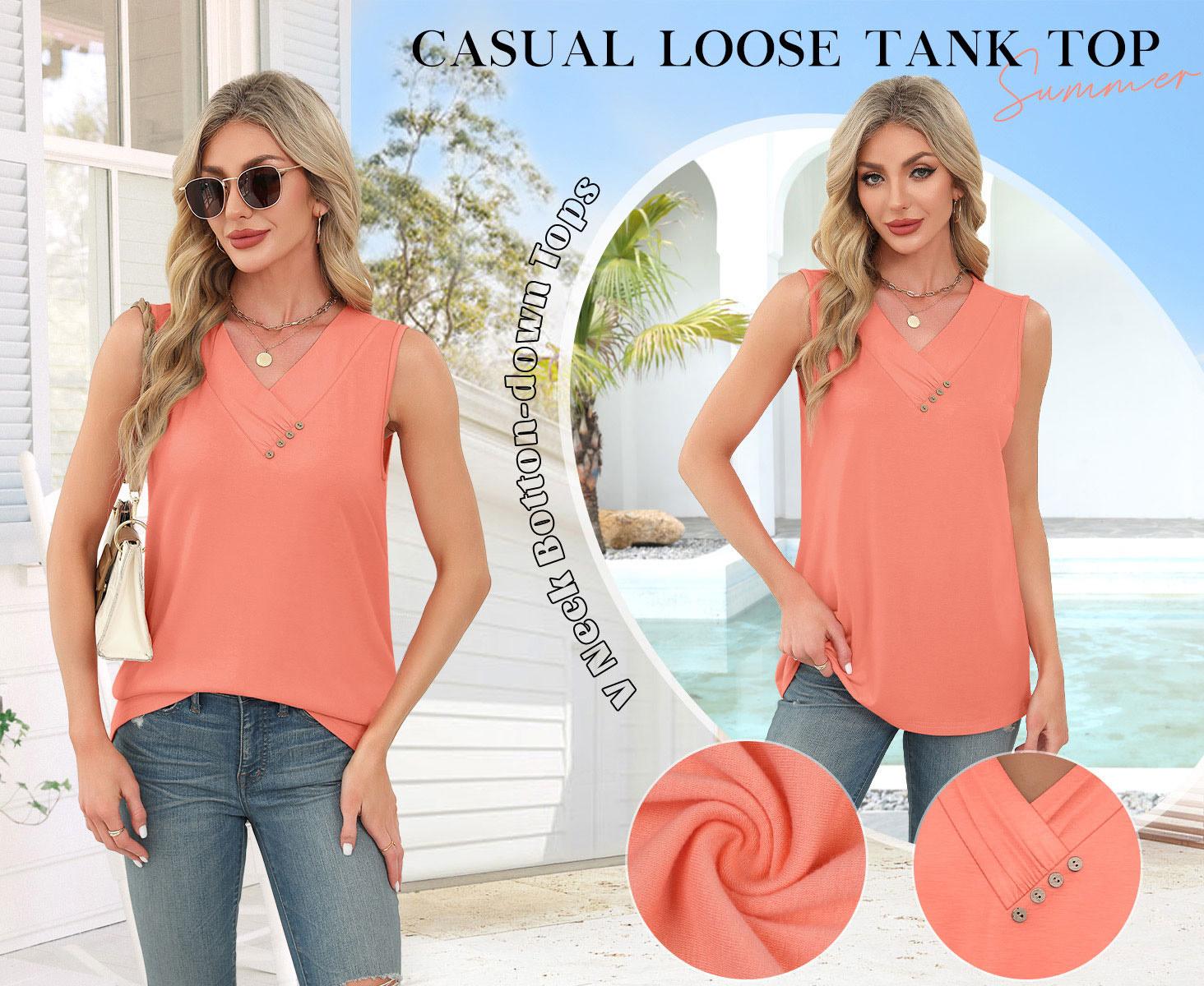 WIHOLL Women Summer Button Down V Neck T Shirts Sleeveless Loose Fit Fashion Tops