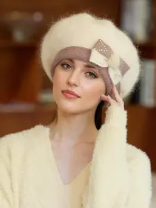 Women's Elegant Rhinestone Decor Bowknot Design Beret, Trendy Soft Comfortable Beret Hat, Fashionable Hat for Fall & Winter for Women & Girls