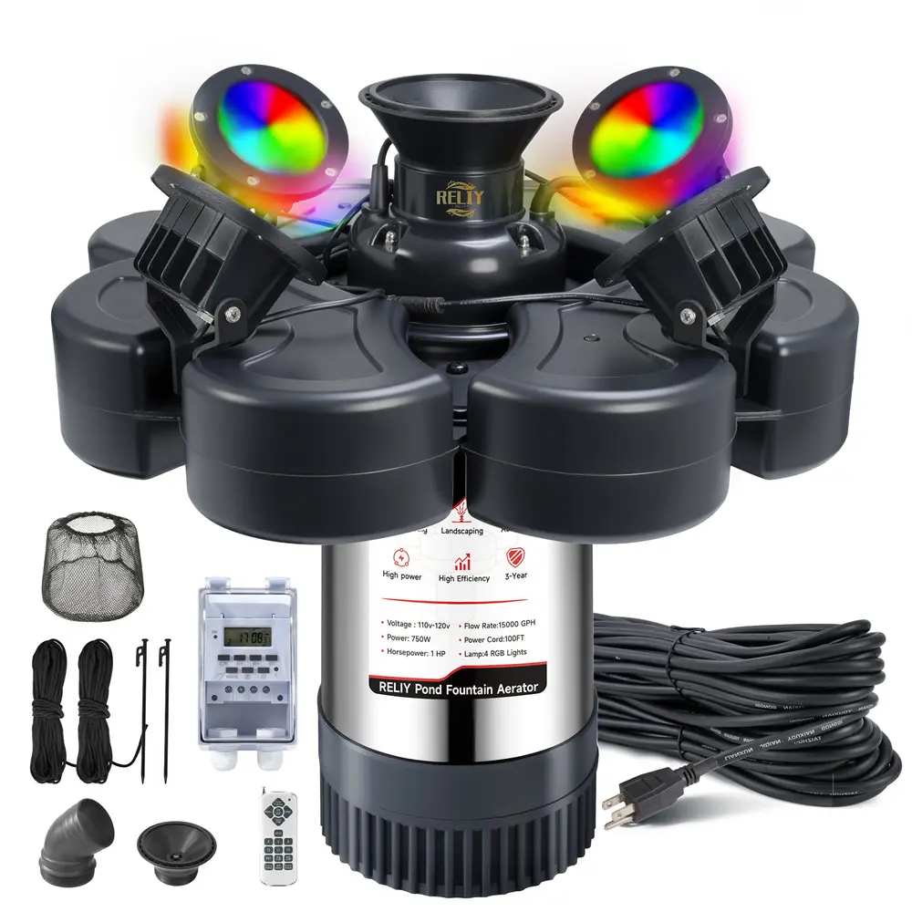 RELIY Pond Fountain Aerator, With 4 RGB Lights 1HP 110V 15000 GPH Stainless Steel Fountain Pump, Fully Automatic Powerful Lake Floating Fountain, 100 FT Power Cord, Programmable Timer Switch
