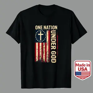 Classic American Flag Design Men’s Casual Graphic Tees | 100% Premium Cotton One Nation Under God Cross And Stars Pattern Summer And Spring Wear For Faithful Christians And Patriotic Individuals Unisex T-Shirt Patriotic Christian Faith T-Shirt