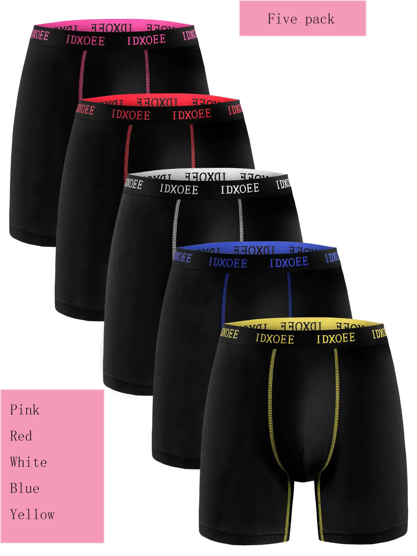 IDXOEE Men’s Long Athletic Square-Cut Underwear, Pack of 5 – Extra-Long, Anti-Chafe, High Elasticity, Breathable, Waistband with Lettering