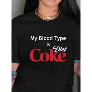 Women's 180g Cotton Black Crew Neck Short Sleeve Graphic Print T-Shirt - My Blood Type is Diet Coke - Trendy Casual Summer Tee - Fun Slogan Shirt for Caffeine Lovers - Relaxed Fit Soft Shirt