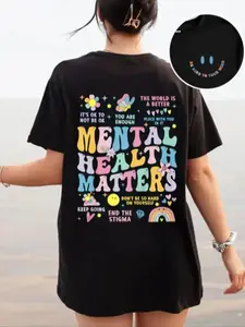 Women's "MENTAL HEALTH MATTERS" Slogan Print Crew Neck Tee, Street Cartoon Smile Face & Letter Print Drop Shoulder T-Shirt, Ladies Summer Clothes, Round Neck, Casual
