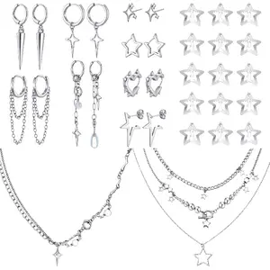 25 Pcs Y2k Silver Star Jewelry Set for Women Goth Grunge Punk Earrings Layered Necklace Hair Clips Tassel Chain Drop Star Hoops Gift