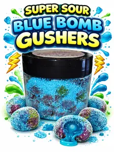 Super Sour Blue Bomb Gushers 6oz Snack Bonbon - Unique Blue Raspberry Flavor for Parties & Gatherings - Fruit Flavored Candy
