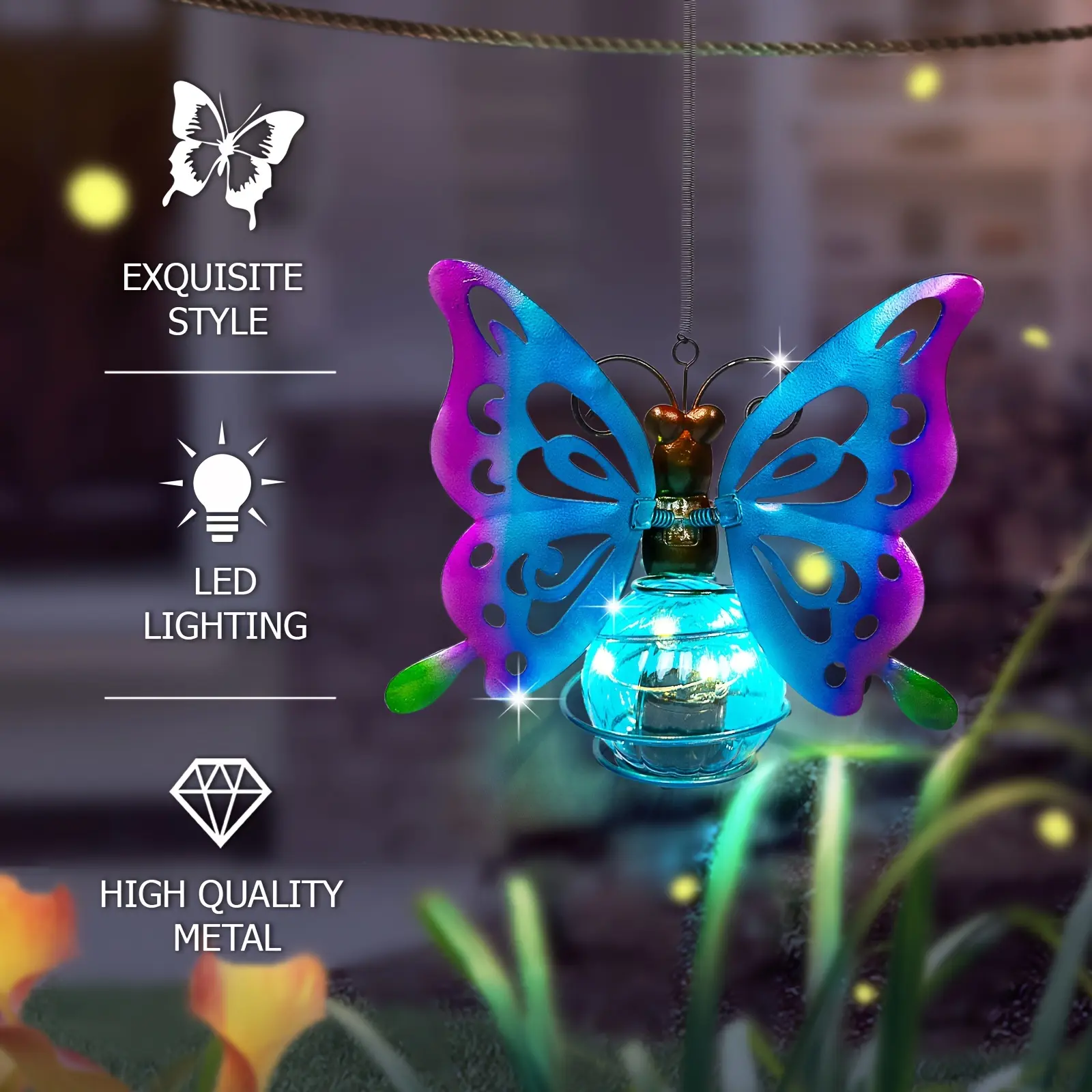 Solar Powered Iron Butterfly Lantern  Garden Decoration with Spring Insect Design, Best Valentine'S Day Gift for Boyfriend, Girlfriend, Suitable for Patio, Lawn, Tree Branch, Porch, Rechargeable Alkaline Battery,