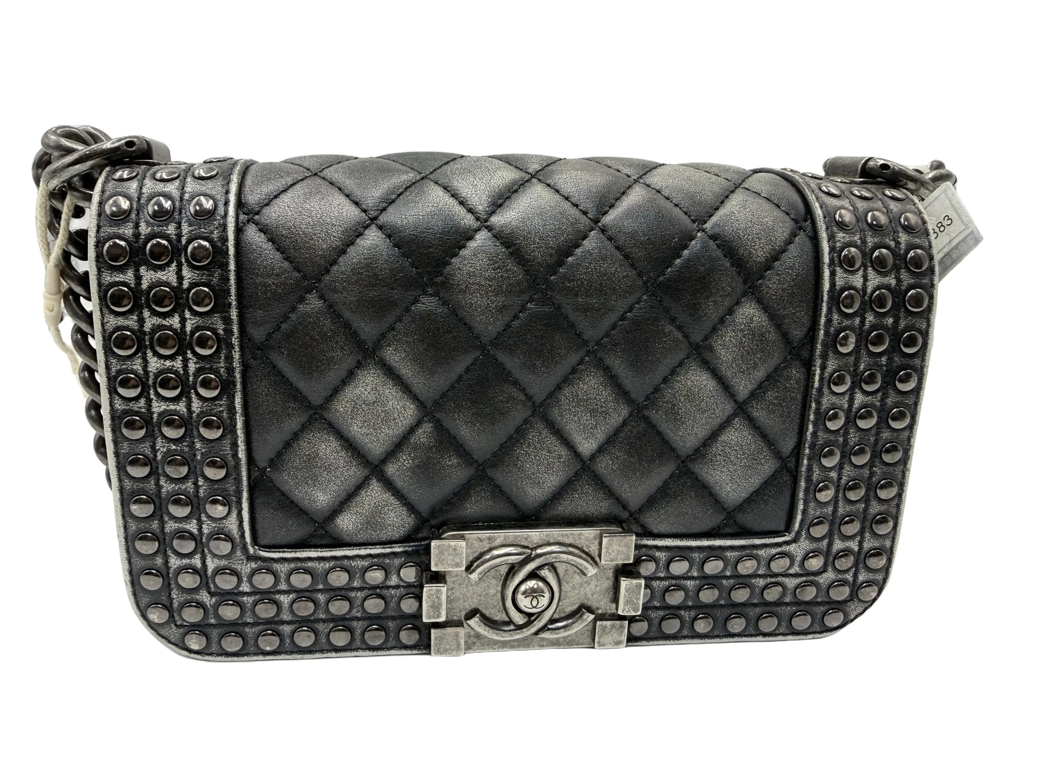 Pre-owned CHANEL Small BOY Handbag, Quilted Lambskin with Ruthenium‑Finish Metal Studs, Black