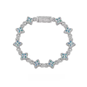 Gold Vacuum Plated Copper  Zircon Maldivian Blue Four-leaf Clover  Design Bracelet Miami Italy Mexico &   Men Luxury Jewelry,Daily Wear,Casual Fashion,Gift Idea,,Classic,Hip Hop,Sporty Style