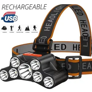 7 LED USB Rechargeable Headlamp for Camping Running Fishing Hunting Exploration Gifts, Non-Battery Button Cell Abs Material Lithium Batteries Included