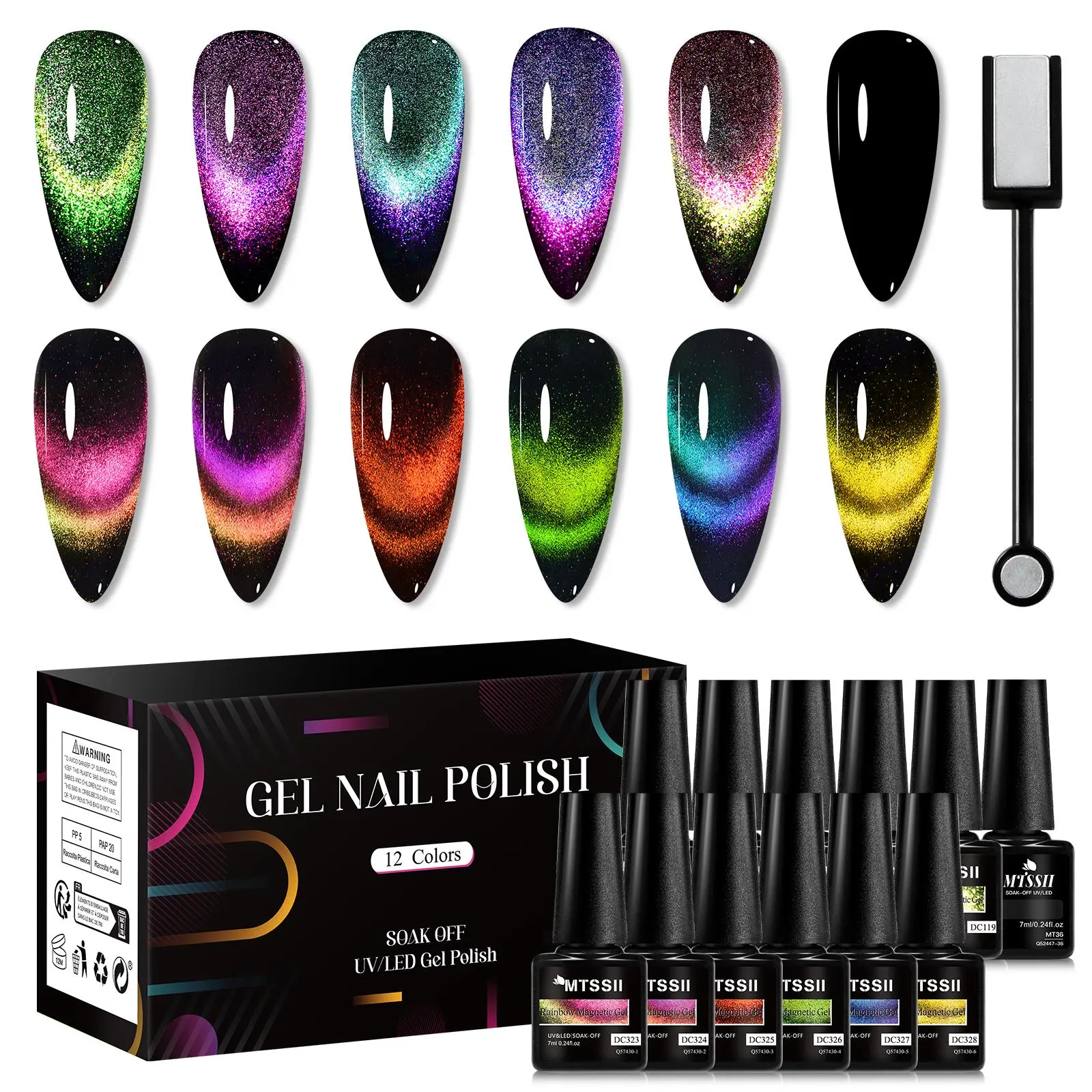 12 Colors Reflective Magnetic Nail Polish Set, 1 Set Starry Sky Effect Cat Eye Long Lasting Soak Off Gel Nail Art Gift, Nail Art DIY for Women & Girls, UV Gel Set, Nail Manicure