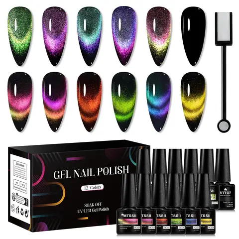 12 Colors Reflective Magnetic Nail Polish Set, 1 Set Starry Sky Effect Cat Eye Long Lasting Soak Off Gel Nail Art Gift, Nail Art DIY for Women & Girls, UV Gel Set, Gel Polishes, Nail Manicure, Nail Art Products