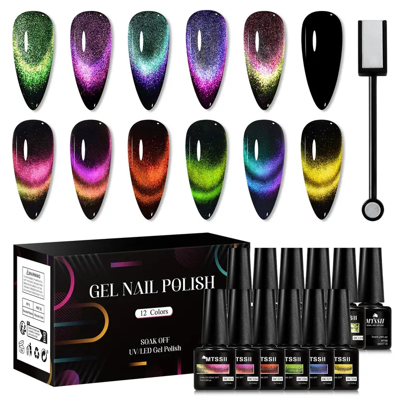 12 Colors Reflective Magnetic Nail Polish Set, 1 Set Starry Sky Effect Cat Eye Long Lasting Soak Off Gel Nail Art Gift, Nail Art DIY for Women & Girls, UV Gel Set, Gel Polishes, Nail Manicure, Nail Art Products