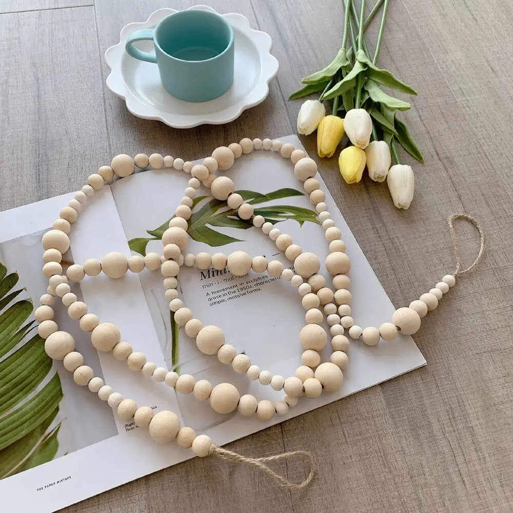 Long Wood Bead Garland with Tassels, Farmhouse Fall Beads, 79 Inch Bead Garland,  Home Decor Ornament, Macrame Decor