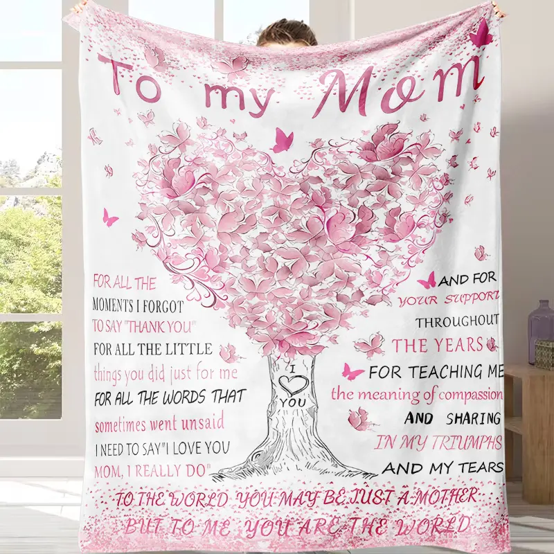 "To My Mom" Quote Cozy Throw Blanket - Fluffy Soft Blanket, Plush Fabric, Heartfelt Message, Contemporary Home Decor, Cozy Mom Gift, Ideal for Mother’s Day Gifting to Convey "You Are My World"