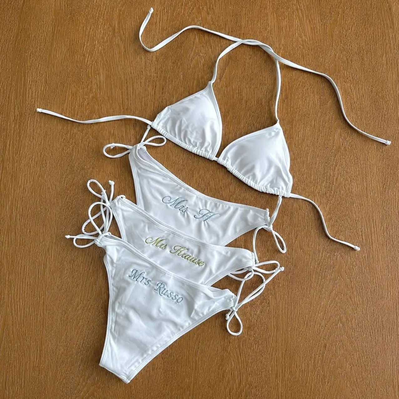 Personalized Embroidered Bride Bikini Set with Matching Sarong, Custom Name Bridal Swimwear for Honeymoon & Bachelorette Party
