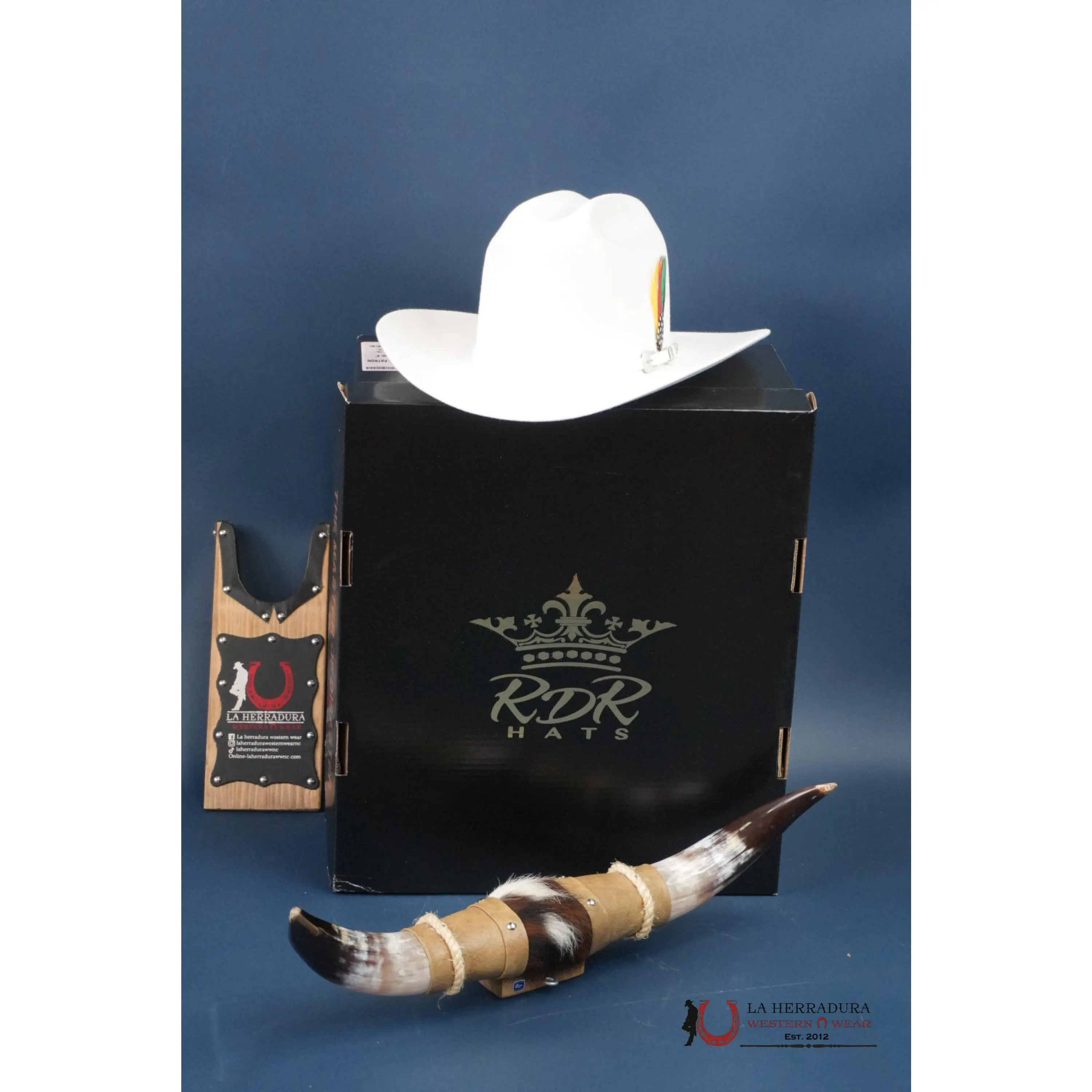 RDR Hats Classic Feathered Cowboy Hat - High-Quality White Texana Cap with Stylish Design, Unique Horns, Crown Detail, Custom Personalization Options - All Sizes Available, Elevated