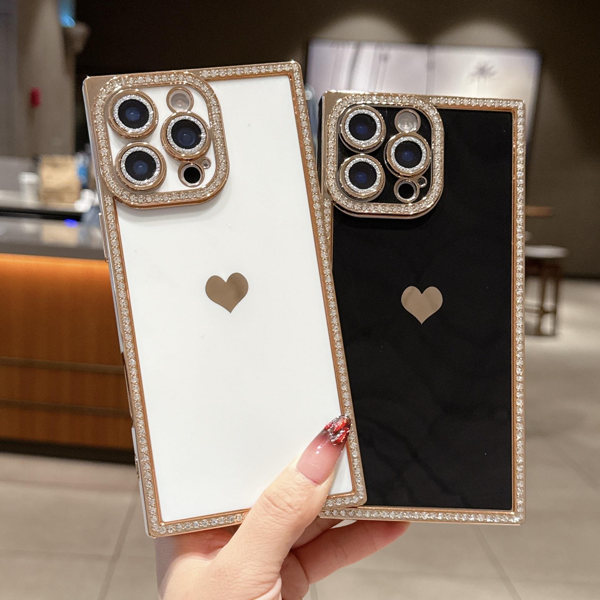 Luxury Rhinestone Square Edge Phone Case, Bling Diamond Full Camera Protection Shockproof Cover with Heart Design for IP 16 Pro max, 15 plus, 14, 13 junk
