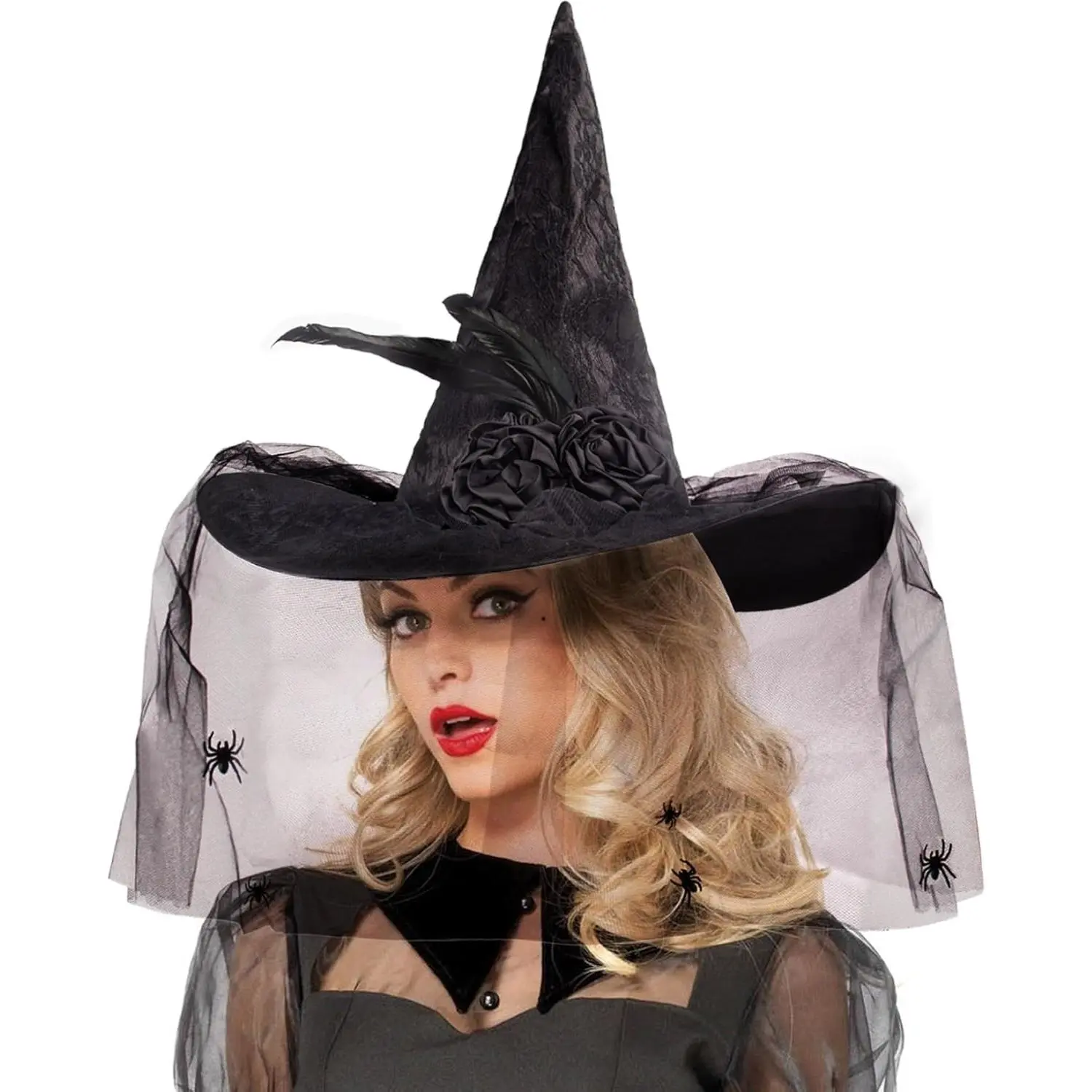 Lace Halloween  Hat with Veil Halloween Costume Witches Hats for Women Accessories