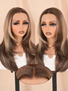 Body Wave Dark Brown Highlight Golden Lace Front Wig, Glueless Synthetic Wig, Wavy Hair, 20 Inch Synthetic Fiber, Natural Look, Halloween Cosplay Party