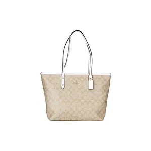 COACH City Zip Tote 30 Women's Canvas-Coated Leather Top-Zip Tote Bag in Light Khaki