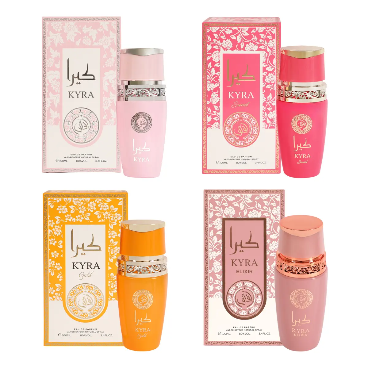 Afaq Bundle of Kyra, Kyra Sweet, Kyra Gold and Kyra Elixir Eau De Parfum Natural Spray for Women 100Ml3.4fl.oz.