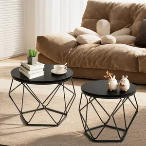 2-Piece Small Round Nesting Coffee Table Set with Steel Frame - Side End Table for Living Room, Bedroom