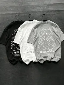 3 Piece Set Men's Plus Size 'i Feel Good' Bear Print Loose Fit T-Shirts, Casual Street Style, Minimalist Design, Long Sleeveless Top