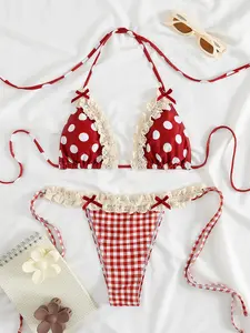 Playful Retro Mix: Polka Dot & Gingham Bikini Set – Feminine Lace Trim & Bow Details for a Head-Turning Two-Piece Swimwear