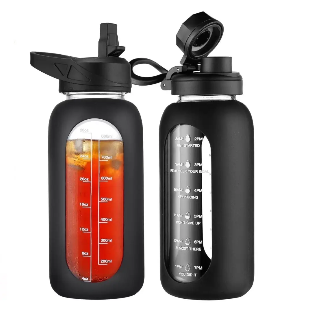 32oz Large Glass Sports Water Bottle with Straw, Handle, Motivational Flask for Sports & Outdoor Use