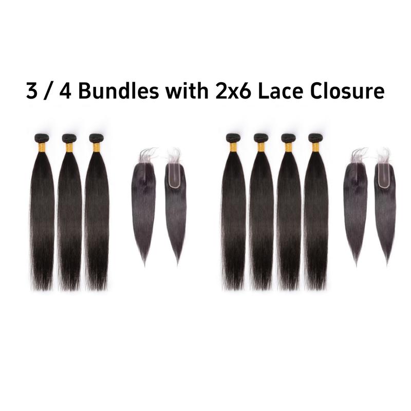 [Last Special Offer] Human Hair 3/4 Bundles Straight Hair Nature Black with 2x6 Lace Closure Brazilian Hair Luxury Salon Can Be Dyed & Styled No Shedding Tangle-Free