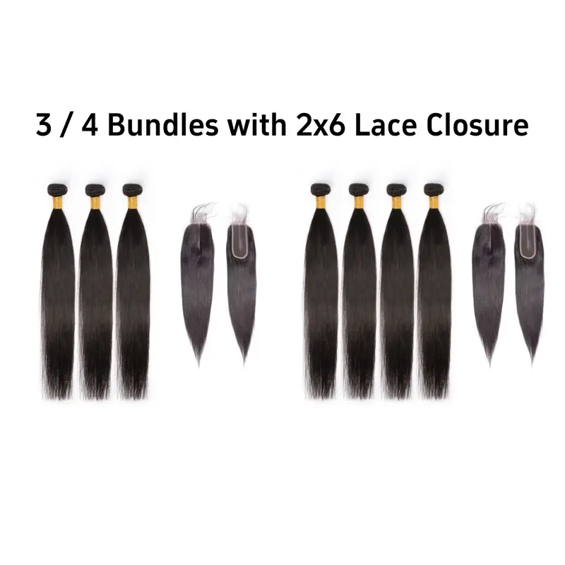 [Last Special Offer] Human Hair 3/4 Bundles Straight Hair Nature Black with 2x6 Lace Closure Brazilian Hair Luxury Salon Can Be Dyed & Styled No Shedding Tangle-Free