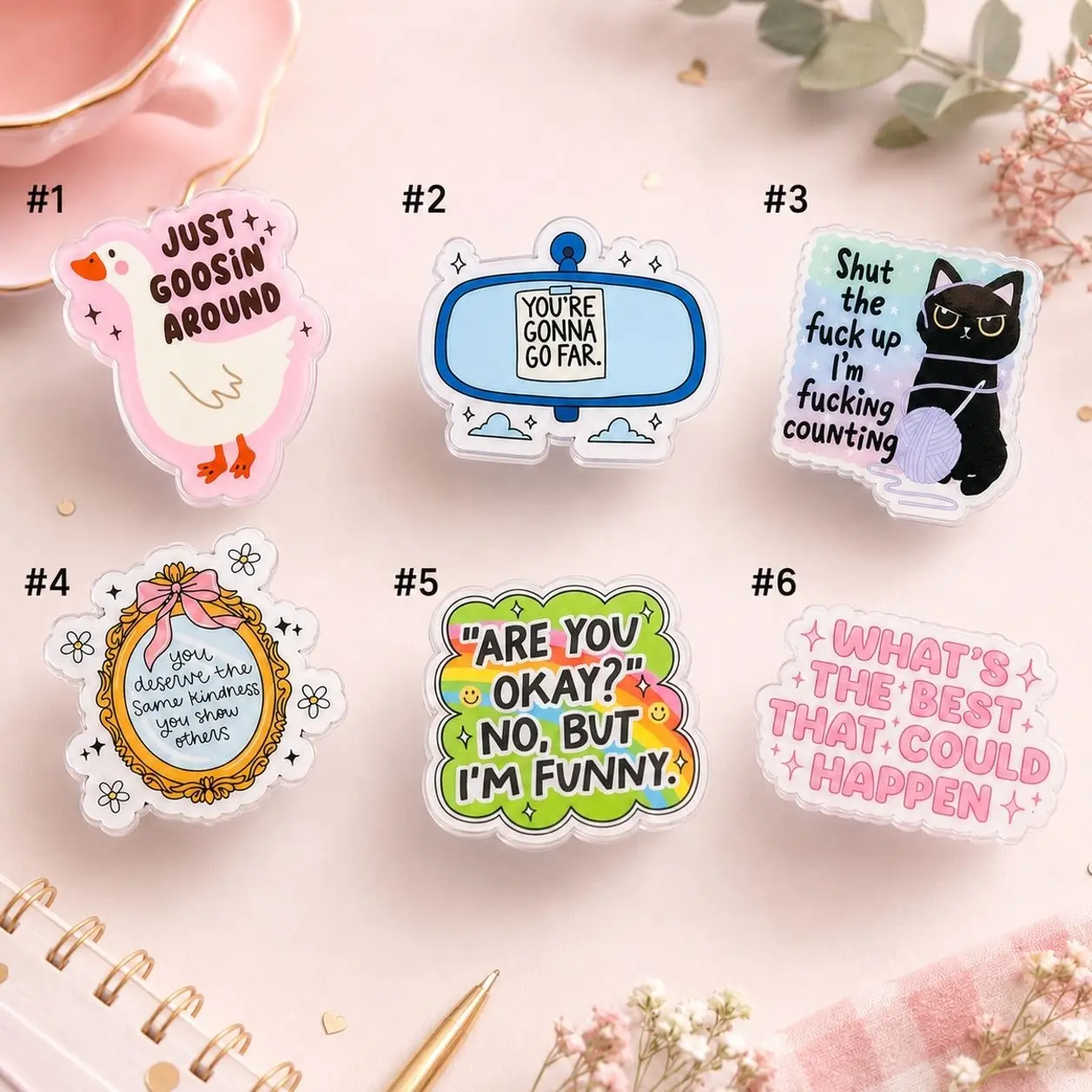 Funny Sarcastic Quote Magnetic Phone Grip, Cute Goose Cat & Positive Message Phone Stand for Smartphone and E-Reader, 6 Styles