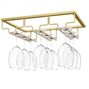 Wine Glass Rack, Wine Glass Hanger Rack Under Cabinet Stemware Wine Glass Holder Storage Hanger for Bar Kitchen Cabinet (3 Rows) - Gold Utensils Champagne